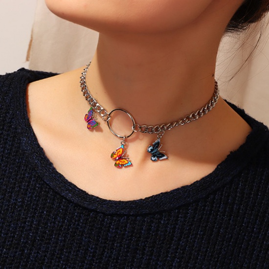 Picture of Choker Necklace Silver Tone Multicolor Circle Ring Butterfly 35cm(13 6/8") long, 1 Piece