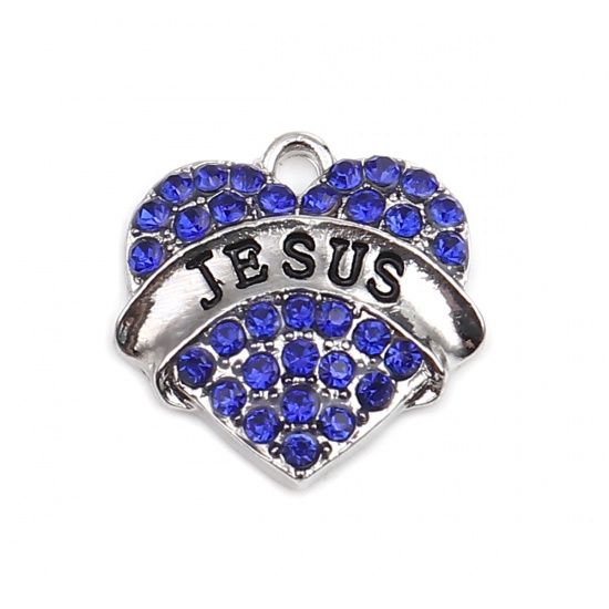 Picture of Zinc Based Alloy Charms Heart Silver Tone Message " JESUS " Pink Rhinestone 20mm x 20mm, 2 PCs