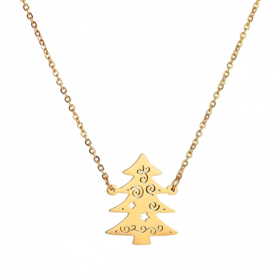 ステンレス鋼 ネックレス シルバートーン クリスマスツリー 透かし 52cm長さ、 1 本 の画像