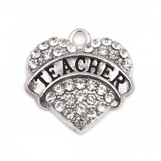 Picture of Zinc Based Alloy Charms Heart Silver Tone Message " Teacher " Blue Rhinestone 20mm x 20mm, 2 PCs