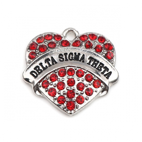 Picture of Zinc Based Alloy Charms Heart Silver Tone Message " DELTA SIGMA THBTA " Pink Rhinestone 23mm x 23mm, 2 PCs