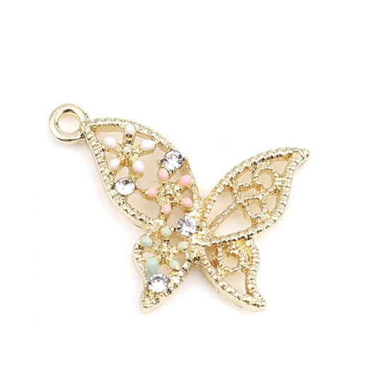 Picture of Zinc Based Alloy Insect Charms Butterfly Animal Gold Plated Multicolor Enamel Clear Rhinestone 23mm x 19mm, 5 PCs