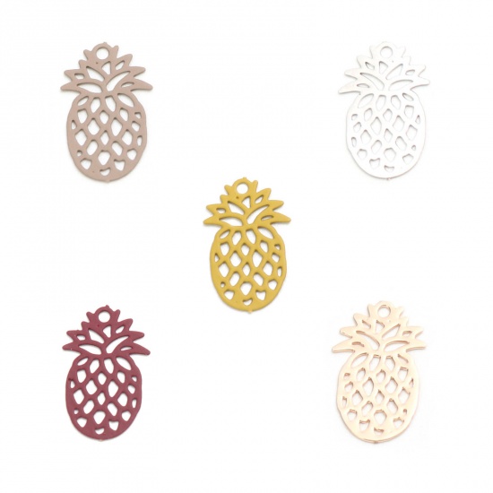 Picture of Brass Charms Silver Tone Pineapple/ Ananas Fruit Filigree Stamping 15mm x 9mm, 50 PCs                                                                                                                                                                         