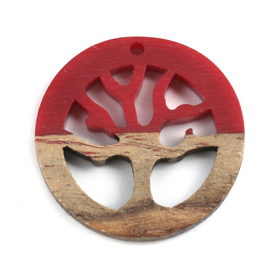 Immagine di Charm Resina Effetto Legno Charms Tondo Rosso Albero Disegno 28mm , 2 Pz