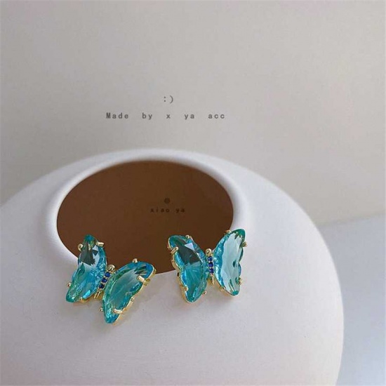 Picture of Brass & Crystal Ear Post Stud Earrings Blue Butterfly Animal 1 Pair                                                                                                                                                                                           