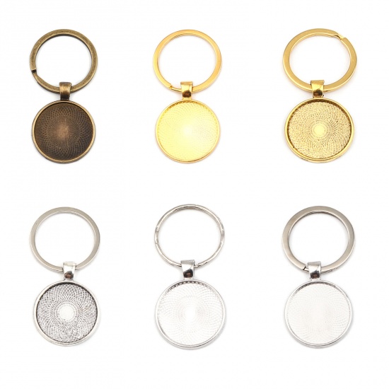 Immagine di Zinc Based Alloy Keychain & Keyring Gold Plated Round Cabochon Settings (Fits 25mm Dia.) 60mm x 30mm, 5 PCs