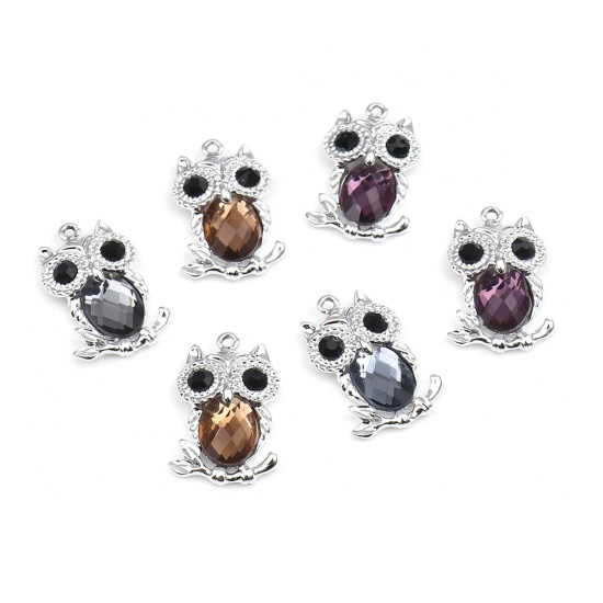 Picture of Zinc Based Alloy & Glass Halloween Pendants Silver Tone Multicolor Owl Animal 30mm x 20mm