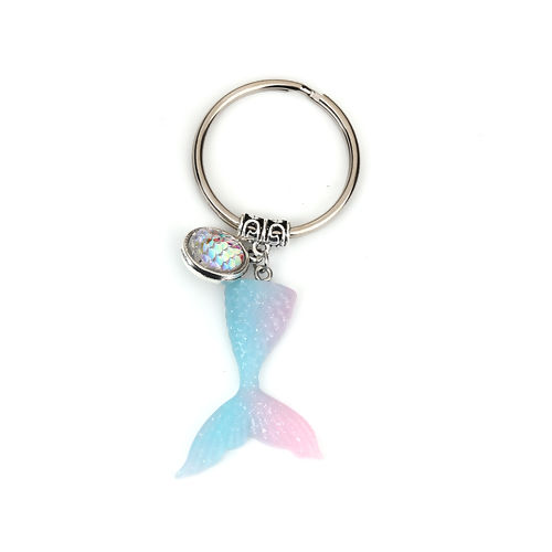 Picture of Acrylic Mermaid Fish/ Dragon Scale Keychain & Keyring Round Golden Fuchsia AB Rainbow Color Glitter 87mm x 35mm, 1 Piece