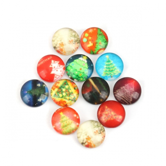 Picture of Glass Dome Seals Cabochon Round Flatback At Random Christmas Tree Pattern 10mm Dia, 50 PCs