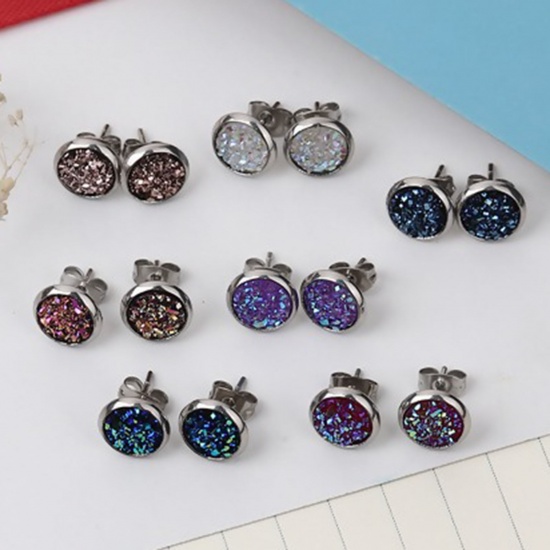 Picture of Stainless Steel Druzy/ Drusy Ear Post Stud Earrings Round