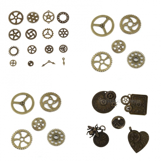 Bild von Steampunk Zinklegierung Charm Anhänger Mix Formen Zahnrad Antiksilber 12mm-20mm D., 100 Stücke