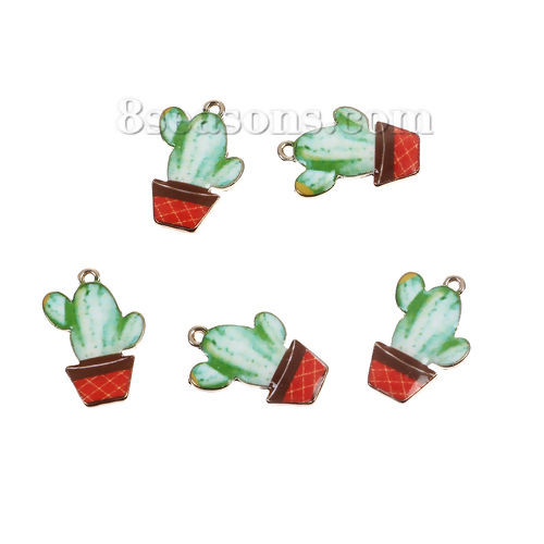 Picture of Zinc Based Alloy Charms Cactus Gold Plated Multicolor Enamel 23mm( 7/8") x 16mm( 5/8"), 10 PCs
