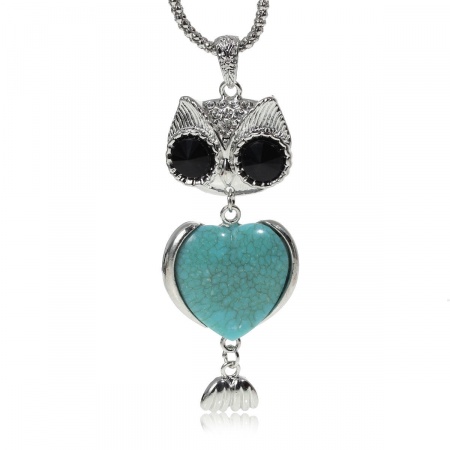 Jewelry Necklace Owl Animal Silver Tone Green Turquoise Acrylic Black & Clear Rhinestone 65.5cm(25 6/8") long, 1 Piece