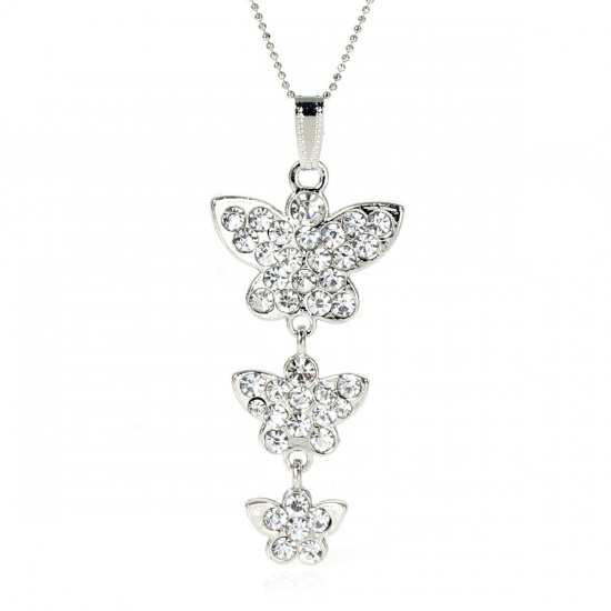 Picture of Jewelry Necklace Butterfly Animal Silver Tone Clear Rhinestone 44.5cm(17 4/8") long, 2 PCs