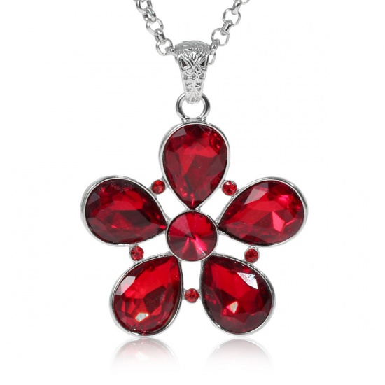 Picture of Jewelry Necklace Flower Silver Tone Red Rhinestone Faceted 65cm(25 5/8") long, 1 Piece