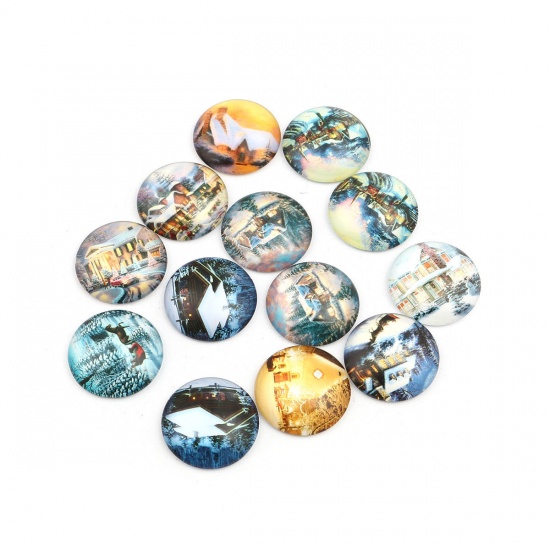 Picture of Glass Christmas Dome Seals Cabochon Round Flatback At Random Pattern 25mm Dia, 20 PCs