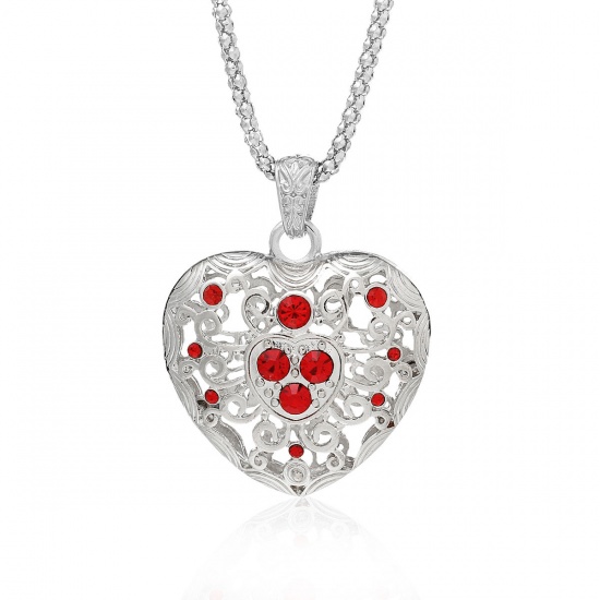 Picture of Jewelry Necklace Heart Silver Tone Red Rhinestone 65.5cm(25 6/8") long, 1 Piece