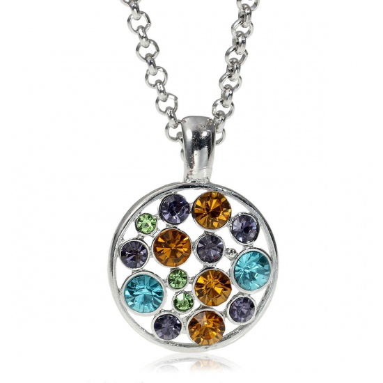 Picture of Jewelry Necklace Round Silver Tone Multicolor Rhinestone Hollow 65cm(25 5/8") long, 1 Piece