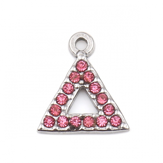 Picture of 304 Stainless Steel Charms Triangle Silver Tone Pink Rhinestone 15mm x 13mm, 2 PCs