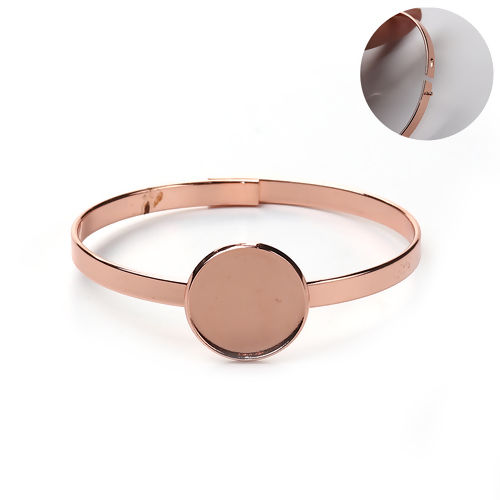 Picture of Brass Bangles Bracelets Round Rose Gold Cabochon Settings (Fits 20mm Dia.) Can Open 20cm(7 7/8") long, 1 Piece                                                                                                                                                