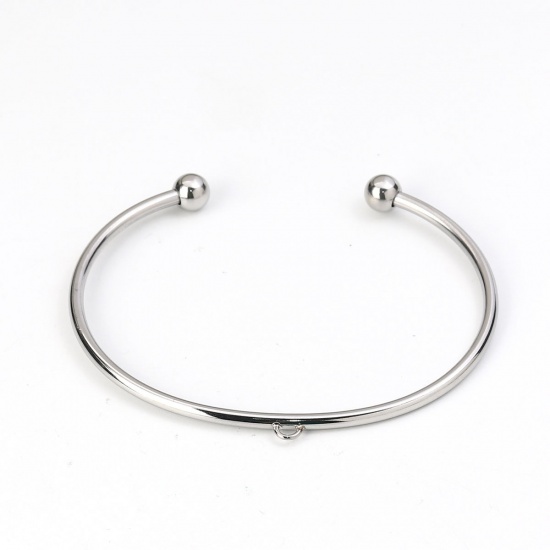 Picture of 304 Stainless Steel Open Cuff Bangles Bracelets Round Silver Tone Elastic W/ Loop 16.5cm(6 4/8") long, 1 Piece