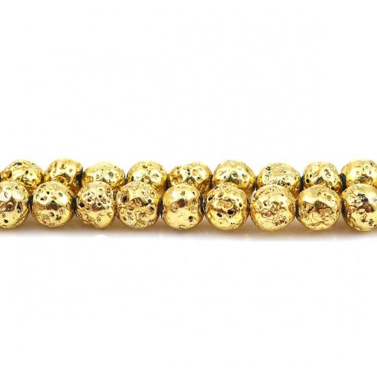 Bild von Lavagestein （ Elektroplattiert ） Perlen Rund Golden ca. 7mm D. - 6mm D., Loch:ca. 0.7mm, 38.5cm lang, 1 Strang (ca. 62 Stück/Strang)