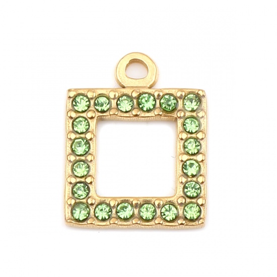 Picture of 304 Stainless Steel Charms Square Gold Plated Green Rhinestone 16mm x 13mm, 2 PCs