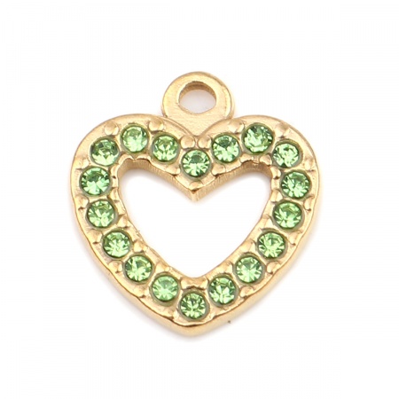 Immagine di 304 Acciaio Inossidabile Charms Cuore Oro Placcato Verde Strass 15mm x 14mm, 2 Pz