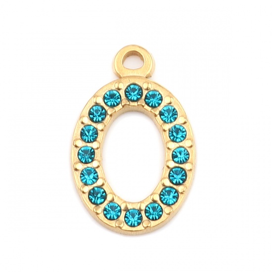 Picture of 304 Stainless Steel Charms Oval Gold Plated Lake Blue Rhinestone 18mm x 12mm, 2 PCs