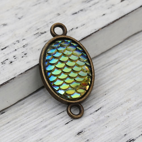 Picture of Zinc Based Alloy & Resin Mermaid Fish/ Dragon Scale Connectors Oval Antique Bronze Blue AB Color 29mm x 16mm, 10 PCs