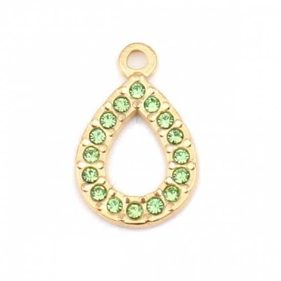 Picture of 304 Stainless Steel Charms Drop Gold Plated Green Rhinestone 18mm x 12mm, 2 PCs