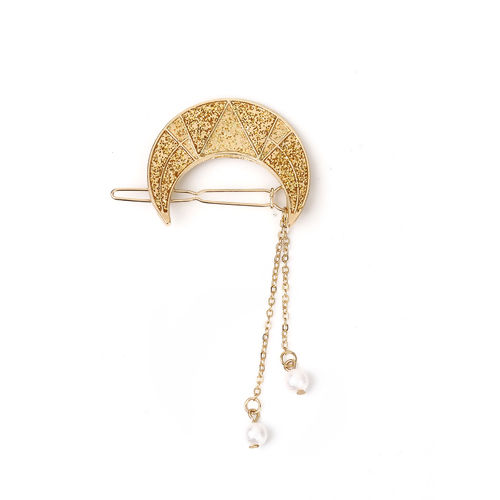 Picture of Hair Clips Findings Tassel Gold Plated Blue Moon Imitation Pearl Enamel Glitter 89mm x 48mm, 1 Piece