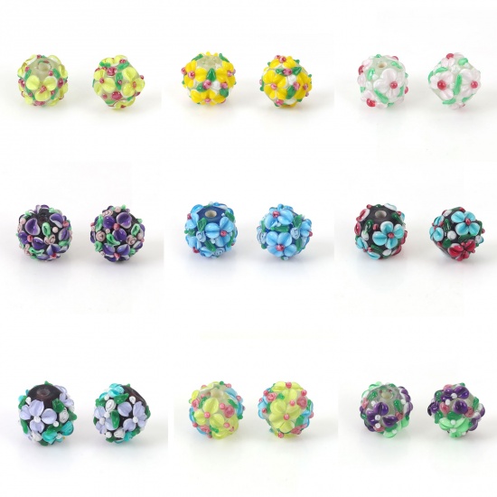 Picture of Lampwork Glass Encased Floral Beads Round Flower Leaves