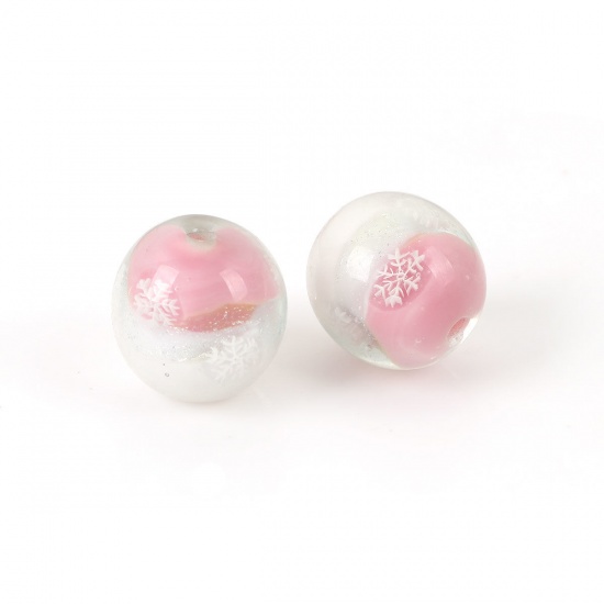 Picture of Lampwork Glass Japanese Style Beads Round Red Christmas Snowflake About 16mm x 16mm, Hole: Approx 2.8mm, 1 Piece