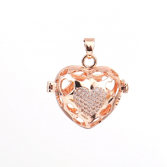 Picture of Copper Pendants Mexican Angel Caller Bola Harmony Ball Wish Box Locket Heart Gold Plated Clear Rhinestone Can Open (Fits 16mm Beads) 32mm(1 2/8") x 28mm(1 1/8"), 1 Piece