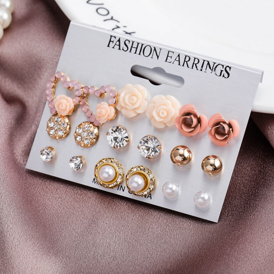 Picture of Ear Post Stud Earrings Set Mixed Color Heart Flower Clear Rhinestone Imitation Pearl 1 Set ( 9 Pairs/Set)