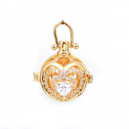 Picture of Copper Pendants Mexican Angel Caller Bola Harmony Ball Wish Box Locket Heart Silver Tone Transparent Clear Champagne Rhinestone Can Open (Fits 14mm Beads) 33mm(1 2/8") x 24mm(1"), 1 Piece