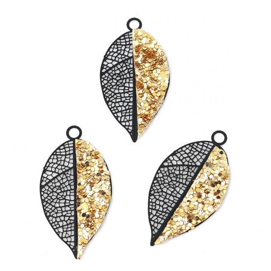Image de Pendentifs en Laiton Feuille Noir Or Paillettes 37mm x 19mm, 2 Paires