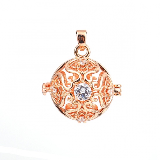 Picture of Copper Pendants Mexican Angel Caller Bola Harmony Ball Wish Box Locket Flower Rose Gold Clear Rhinestone Can Open (Fits 16mm Beads) 30mm(1 1/8") x 26mm(1"), 1 Piece