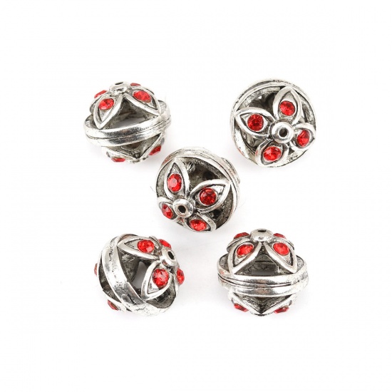 Picture of Zinc Based Alloy Spacer Beads Round Antique Silver Color Flower Red Rhinestone Hollow About 13mm Dia., Hole: Approx 0.9mm, 5 PCs