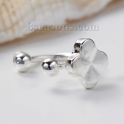 Picture of Ear Cuffs Clip Wrap Earrings Four Leaf Clover Silver Plated 6mm( 2/8") x 6mm( 2/8"), 1 Piece