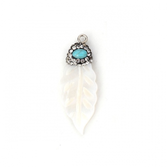 Picture of Shell Micro Pave Pendants White Wing Dark Gray Drop Lake Blue Rhinestone 55mm(2 1/8") x 19mm( 6/8"), 1 Piece