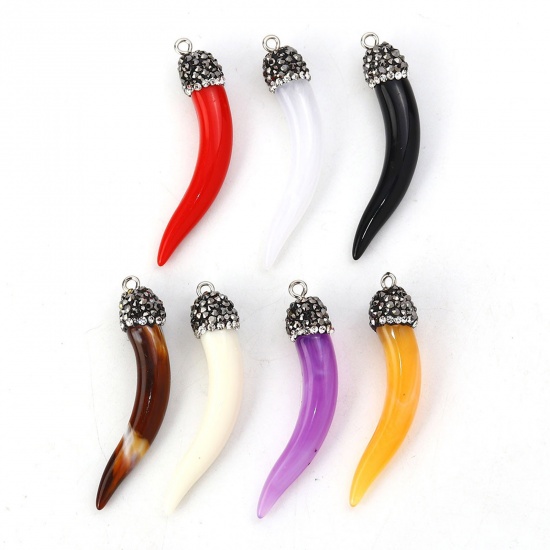 Picture of Resin Boho Chic Pendants Horn-shaped Red Micro Pave Clear Rhinestone 50mm(2") x 10mm( 3/8"), 2 PCs