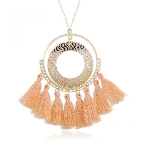 Picture of Boho Chic Sweater Necklace Long Gold Plated Peachy Beige Tassel Circle Ring 60cm(23 5/8") long, 1 Piece