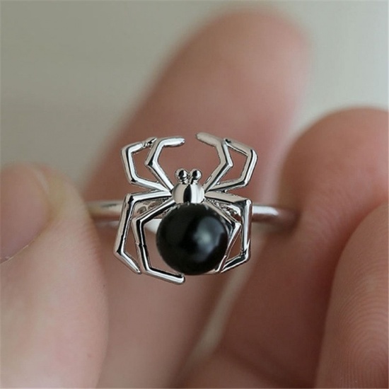 Picture of Unadjustable Rings Silver Tone Black Halloween Spider Animal 16.5mm(US Size 6), 1 Piece