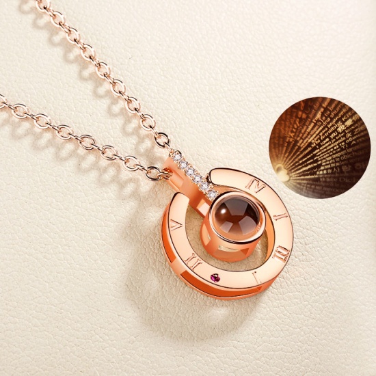 Picture of Brass 100 Different Languages for "I Love You" Love Memory Nanotechnology Projective Necklace Rose Gold Round Roman Numerals Clear Rhinestone 43cm(16 7/8") long, 1 Piece                                                                                     