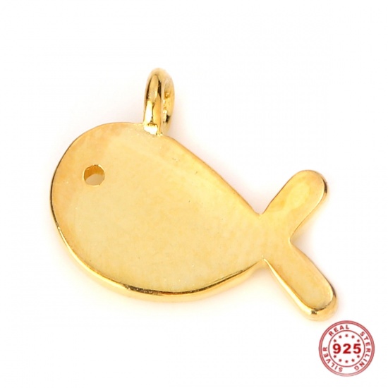 Picture of Sterling Silver Charms Gold Plated Whale Animal 11mm( 3/8") x 8mm( 3/8"), 1 Piece