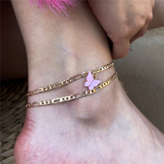 Picture of Anklet Gold Plated Pink Butterfly Animal 22cm(8 5/8") long, 1 Set ( 2 PCs/Set)
