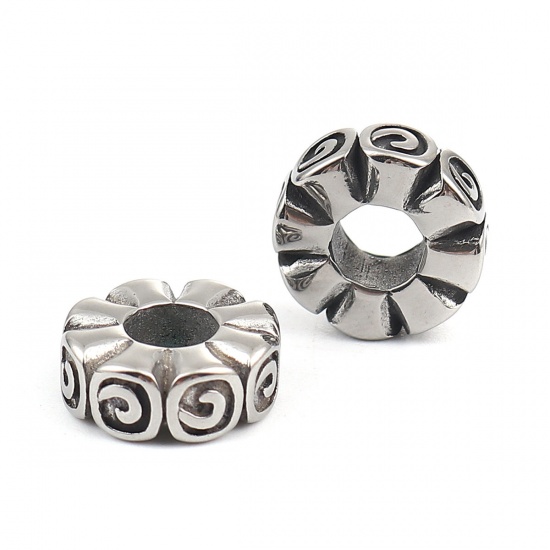 Picture of 304 Stainless Steel Casting Beads Round Antique Silver Color Carved Pattern About 13mm Dia., Hole: Approx 5.3mm, 2 PCs