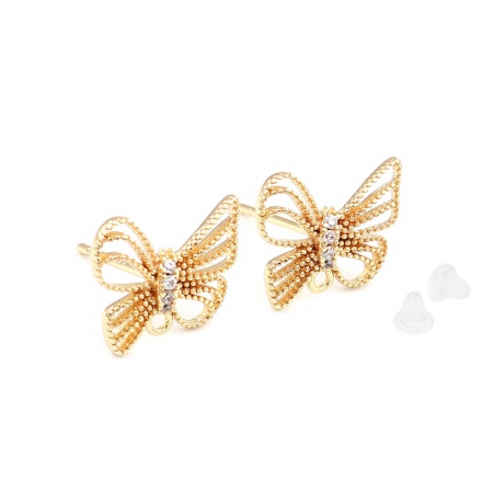 Messing Ohrring Ohrstecker 18K Echtgold plattiert Schmetterling Transparent Strass 11mm x 10mm, Drahtstärke: (21 gauge), 2 Stück